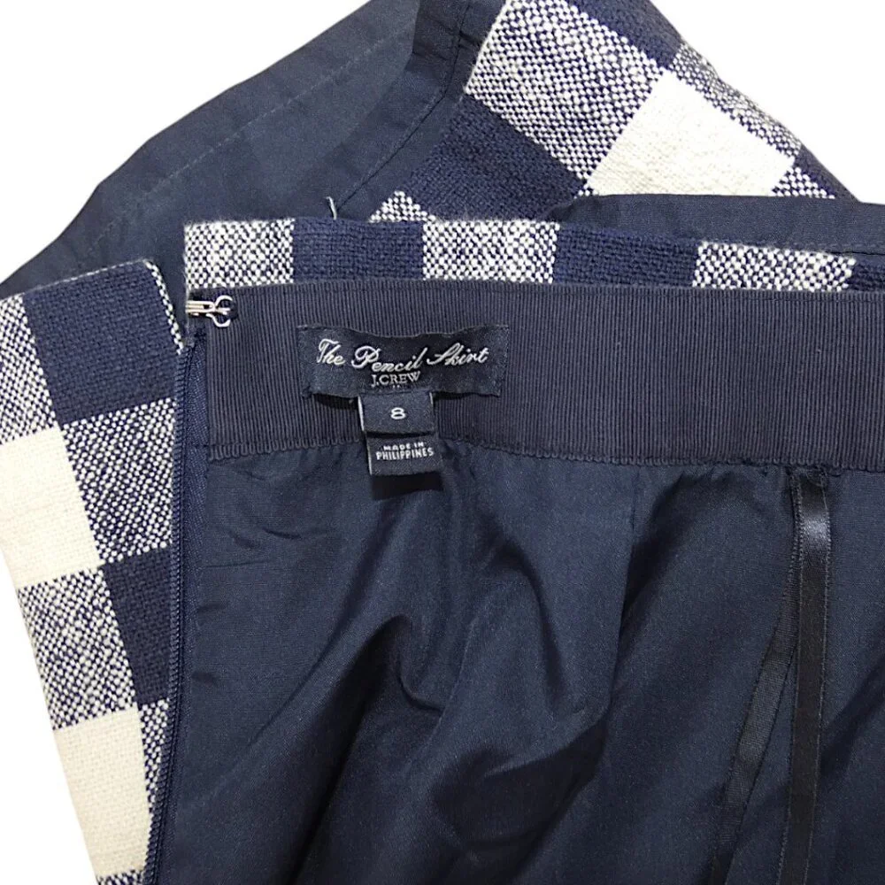 J.Crew Pencil Skirt Check Navy White Linen Blend Coastal Preppy Officecore Sz 8